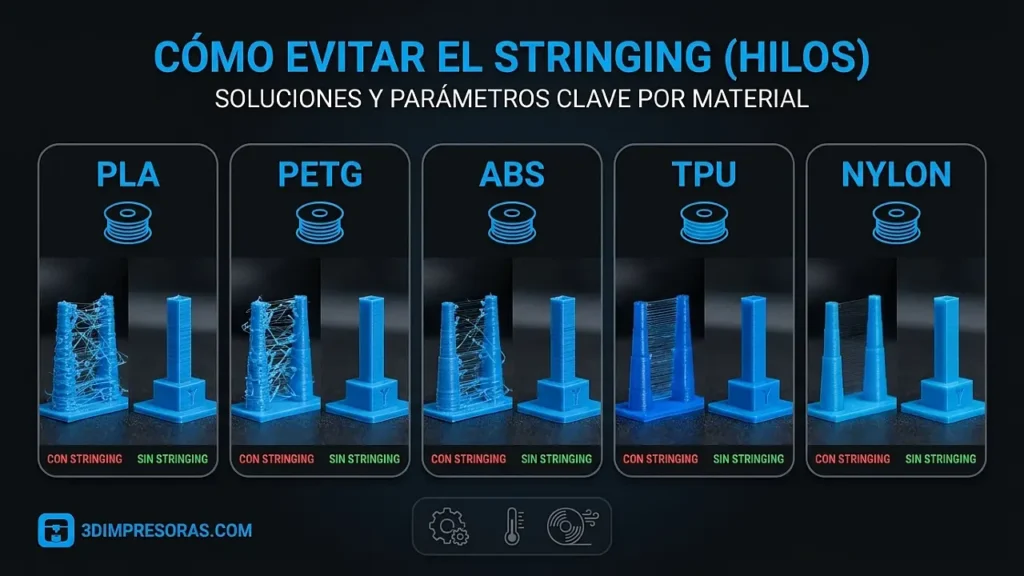 Cómo evitar el stringing (hilos) según el material (PLA, PETG, ABS, TPU, Nylon)