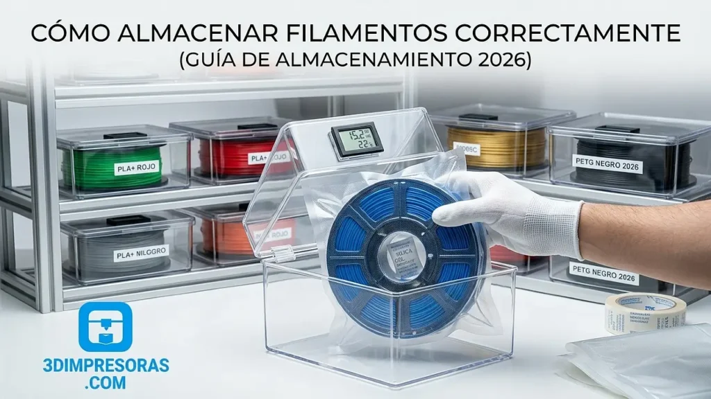 Cómo guardar los filamentos correctamente (guía de almacenamiento 2026)