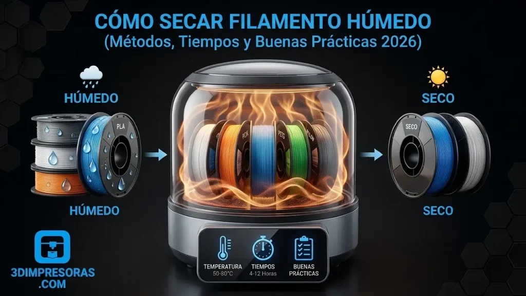 Cómo secar el filamento húmedo (métodos, tiempos y mejores prácticas 2026)