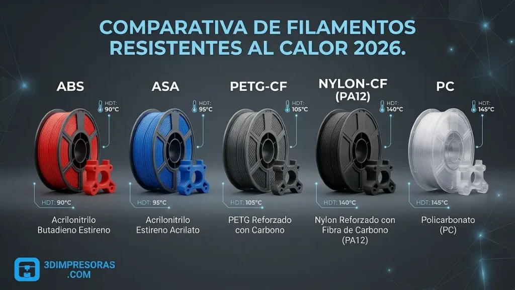 Comparativa de filamentos resistentes al calor 2026