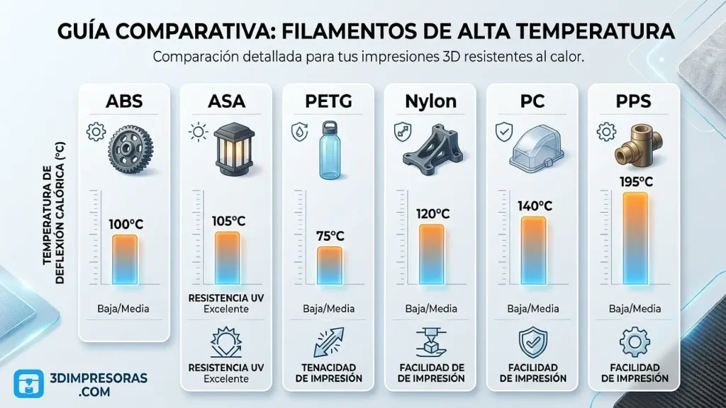 Comparativa de filamentos resistentes al calor (ABS, ASA, PETG, Nylon, PC, PPS)