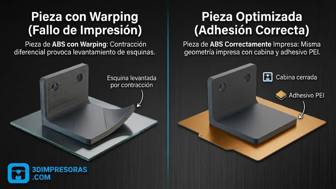 Comparativa pieza ABS con warping vs pieza correctamente impresa