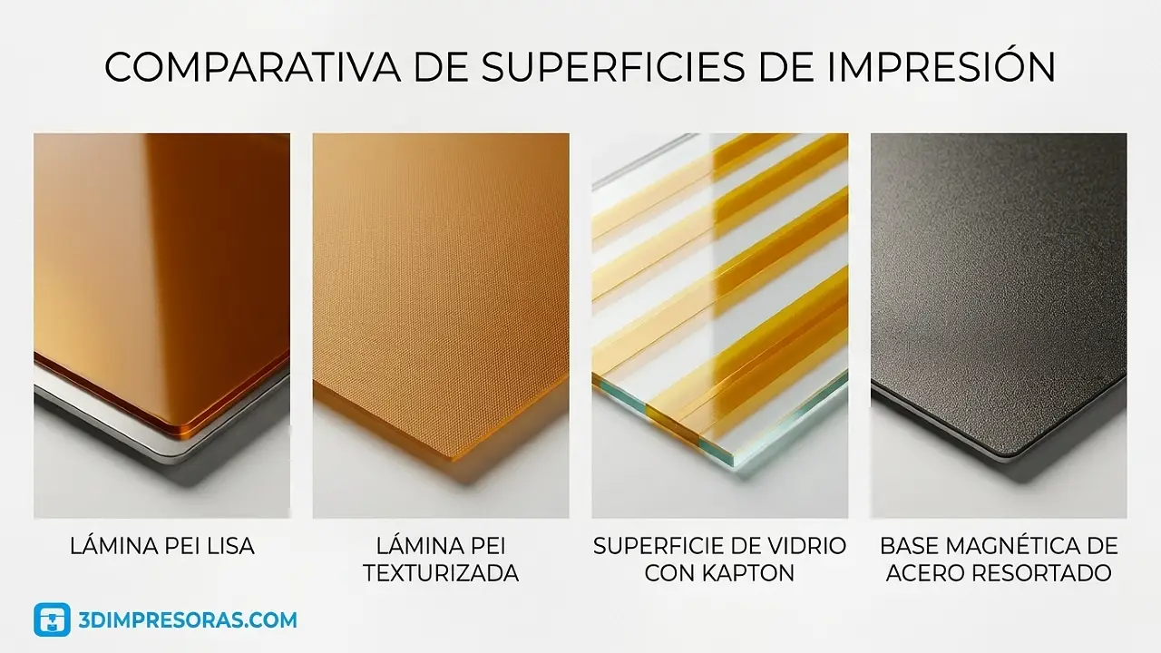 Comparativa superficies: PEI, cristal, kapton, cama de acero magnética