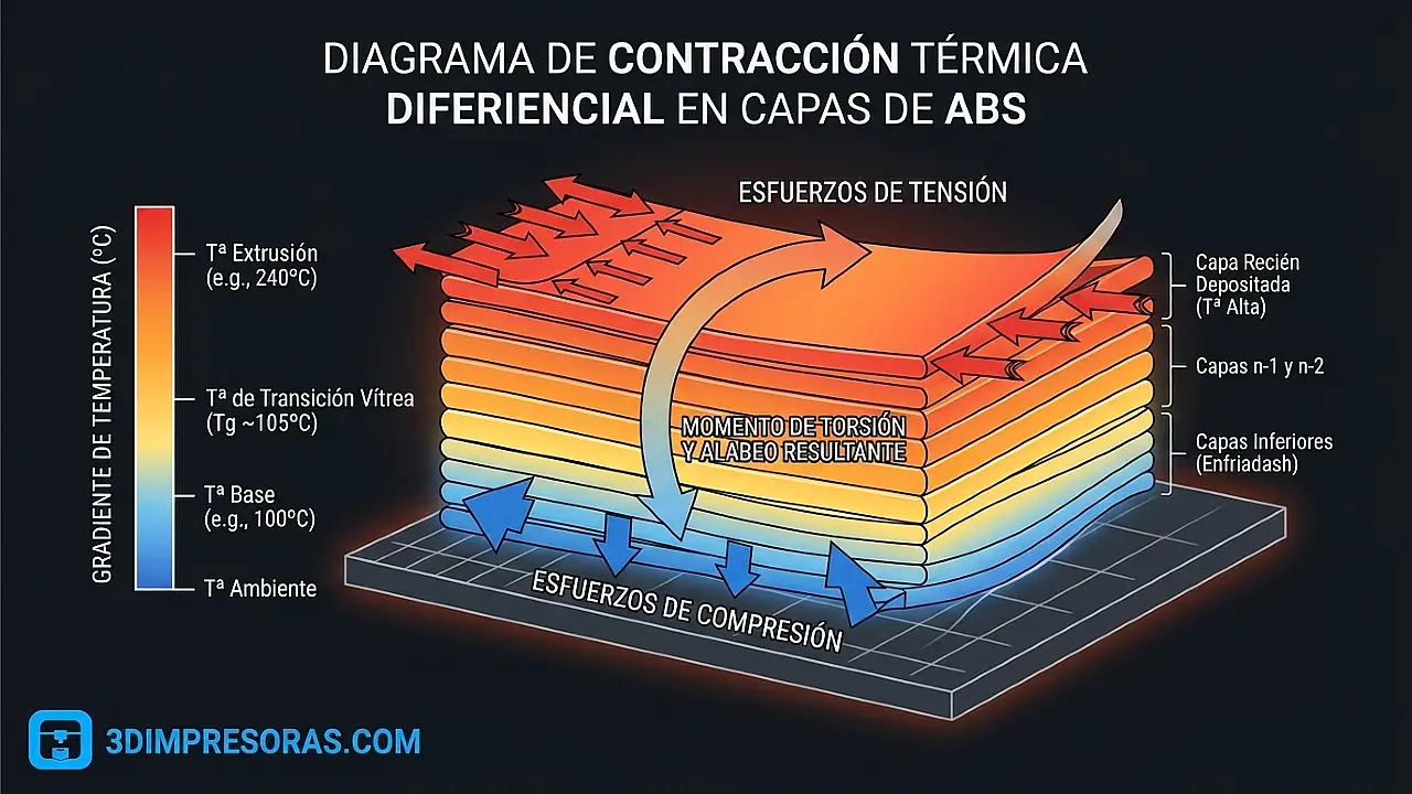 Esquema de contracción térmica diferencial en capas de ABS