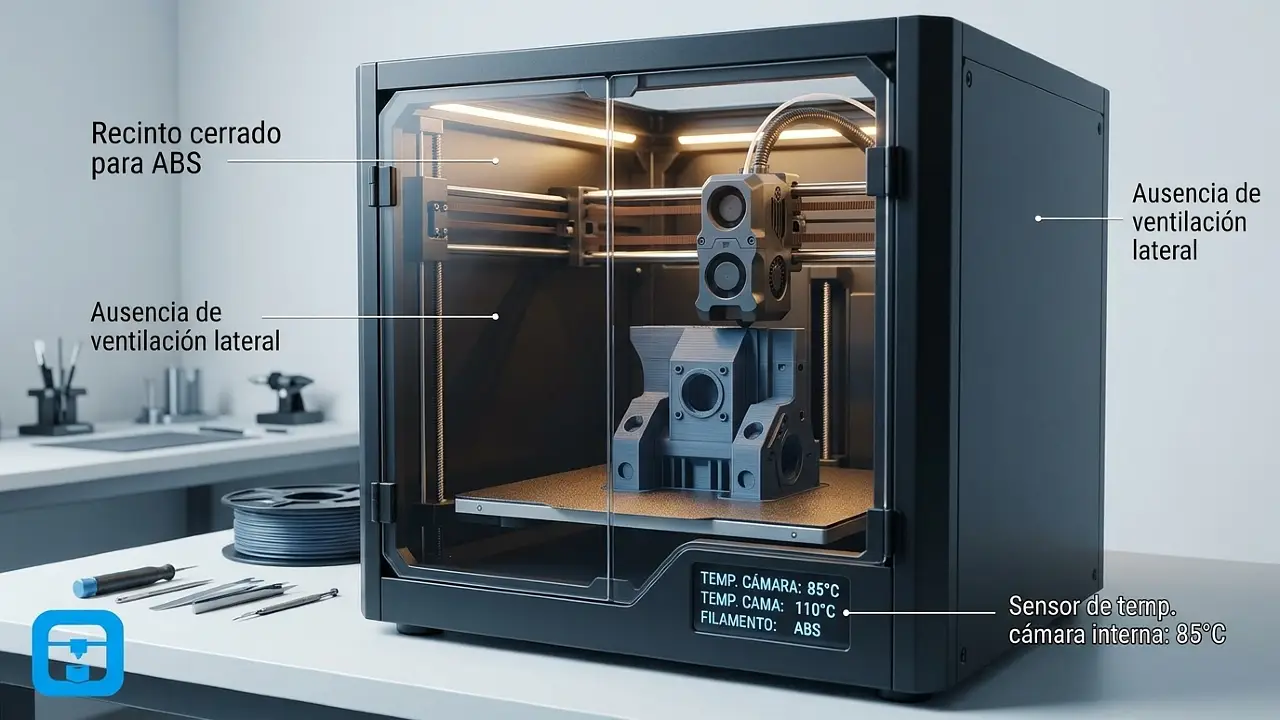 Impresora 3D con cámara cerrada imprimiendo ABS