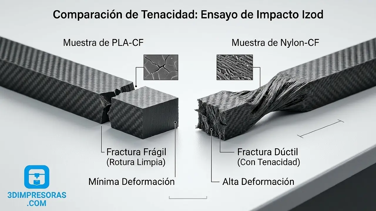 Probetas de impacto Izod: PLA-CF fractura frágil, Nylon-CF deformación dúctil