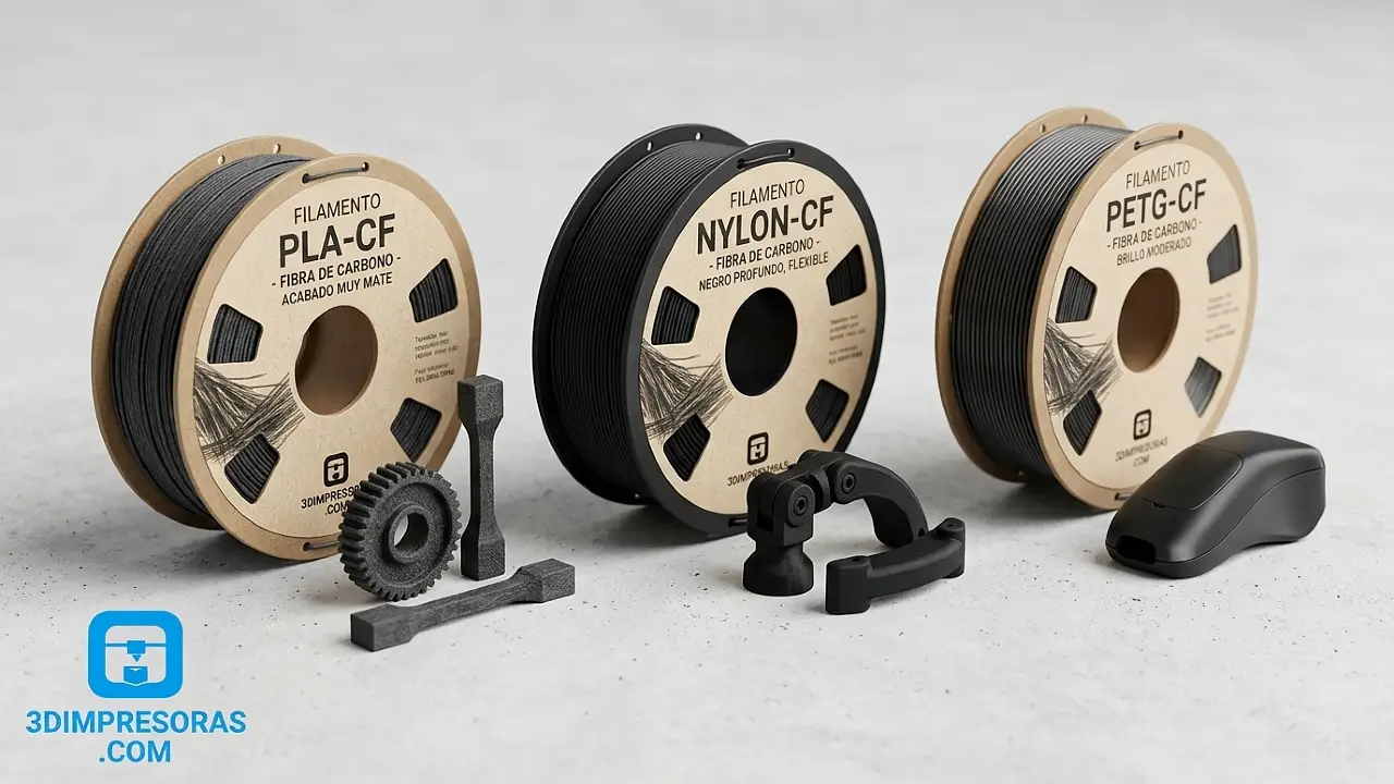 Rollos de PLA-CF, Nylon-CF y PETG-CF junto a piezas impresas con acabado mate texturizado