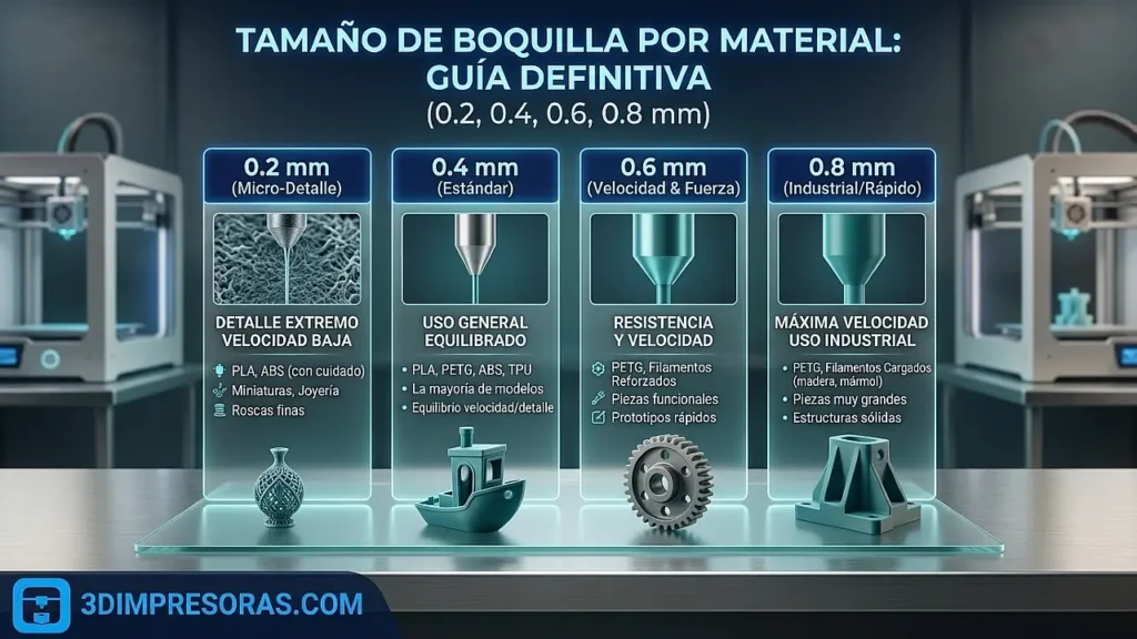 Tamaño de boquilla por material: guía definitiva (0.2, 0.4, 0.6, 0.8 mm)