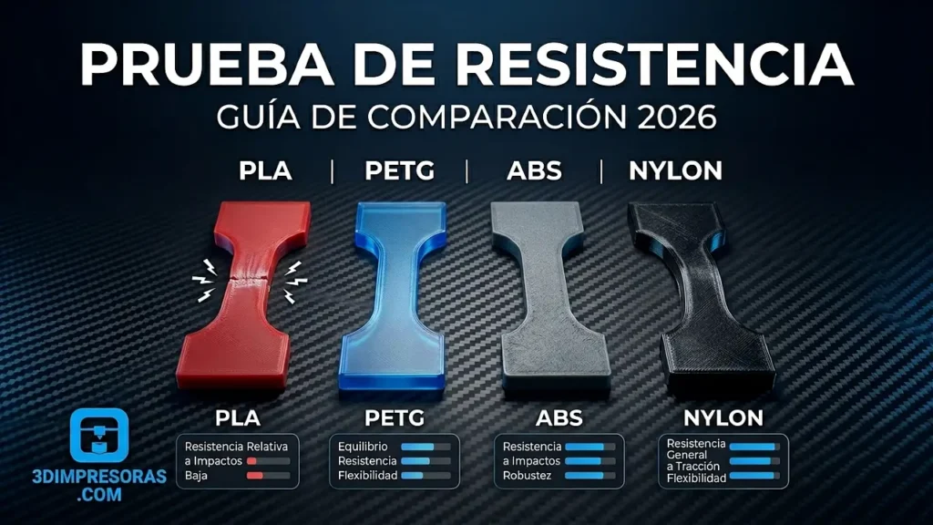 Test de resistencia: PLA, PETG, ABS y Nylon (guía comparativa 2026)